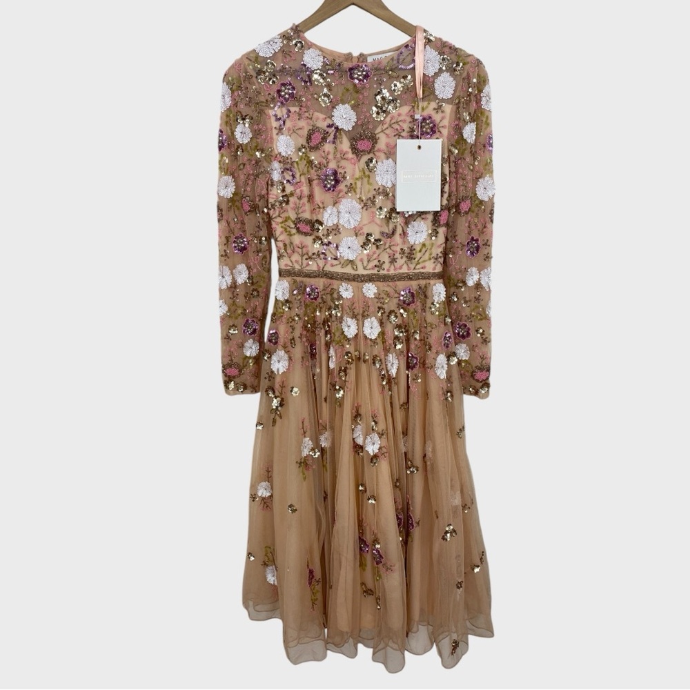 Mac Duggal Blush Sequined Floral Long Sleeve High Neck Midi Dress NWT Size 4